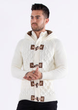 Full Zip Cable Knit Fur Hood Sweater White