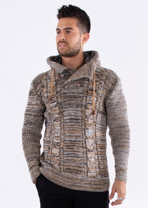 Ribbed Knit Pullover Fur Lined Hooded Sweater Beige