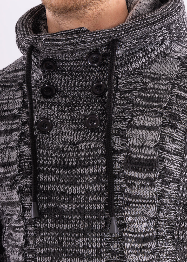 Ribbed Knit Pullover Fur Lined Hooded Sweater Black