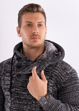 Ribbed Knit Pullover Fur Lined Hooded Sweater Black