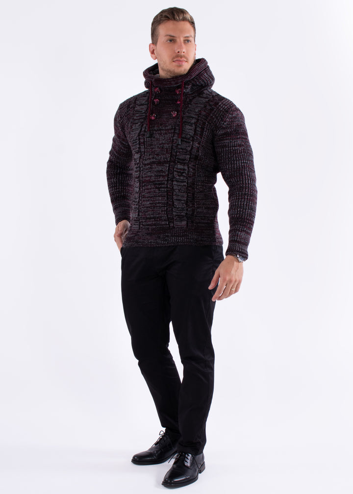 Ribbed Knit Pullover Fur Lined Hooded Sweater Burgundy