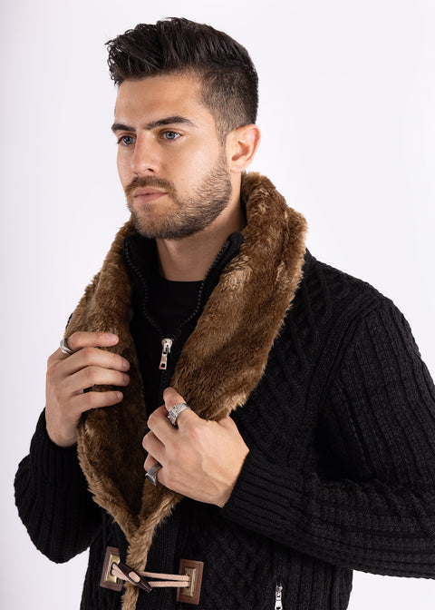 Full Zip Cable Knit Fur Collar Sweater Black