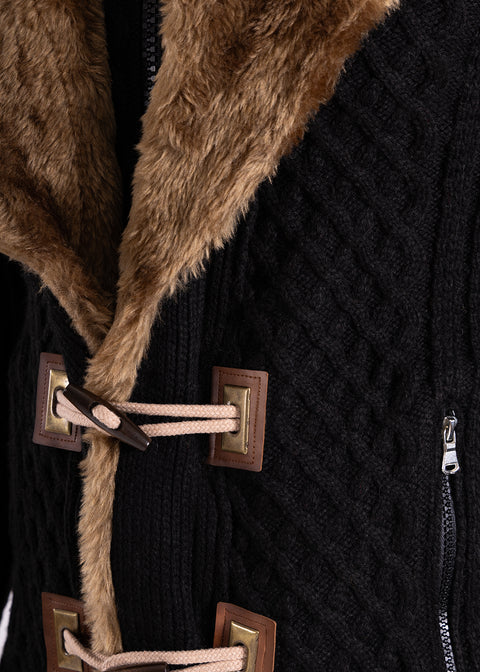 Full Zip Cable Knit Fur Collar Sweater Black