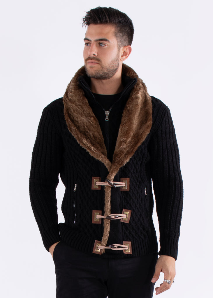BEEDEN FUR COLLAR KNITTED BODY SUIT ブラック Faux Fur Balloon Sleeve A Line Zip Up Cardigan - Black | Boston Proper