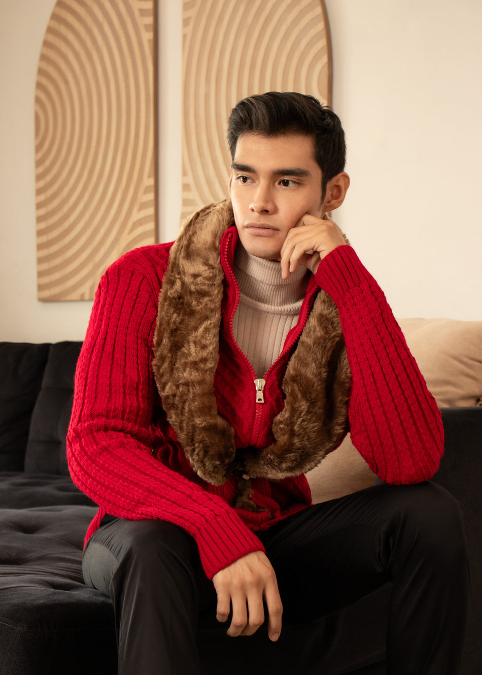 Full Zip Cable Knit Fur Collar Sweater Red