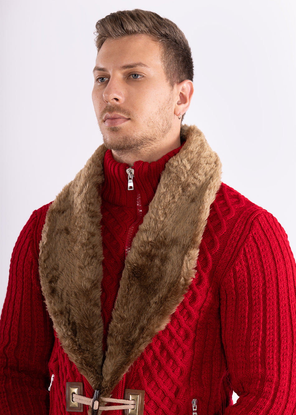 Full Zip Cable Knit Fur Collar Sweater Red