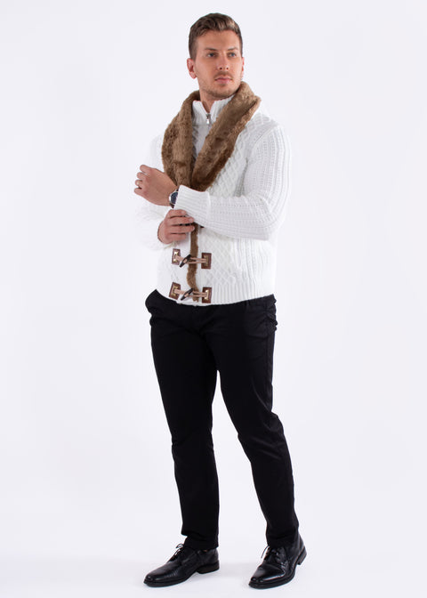Full Zip Cable Knit Fur Collar Sweater White