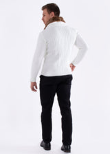 Full Zip Cable Knit Fur Collar Sweater White