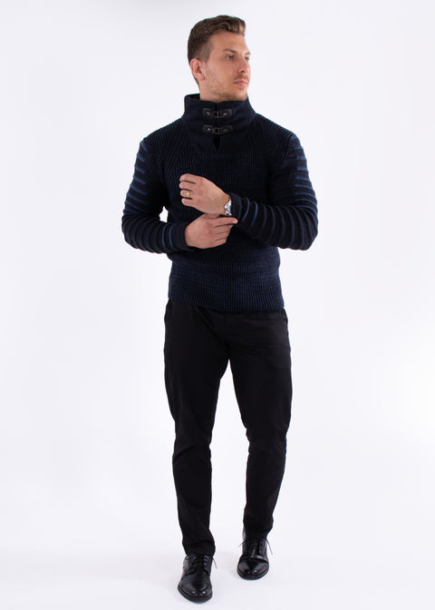 Quarter Zip Ribbed Knit Pullover Sweater Navy