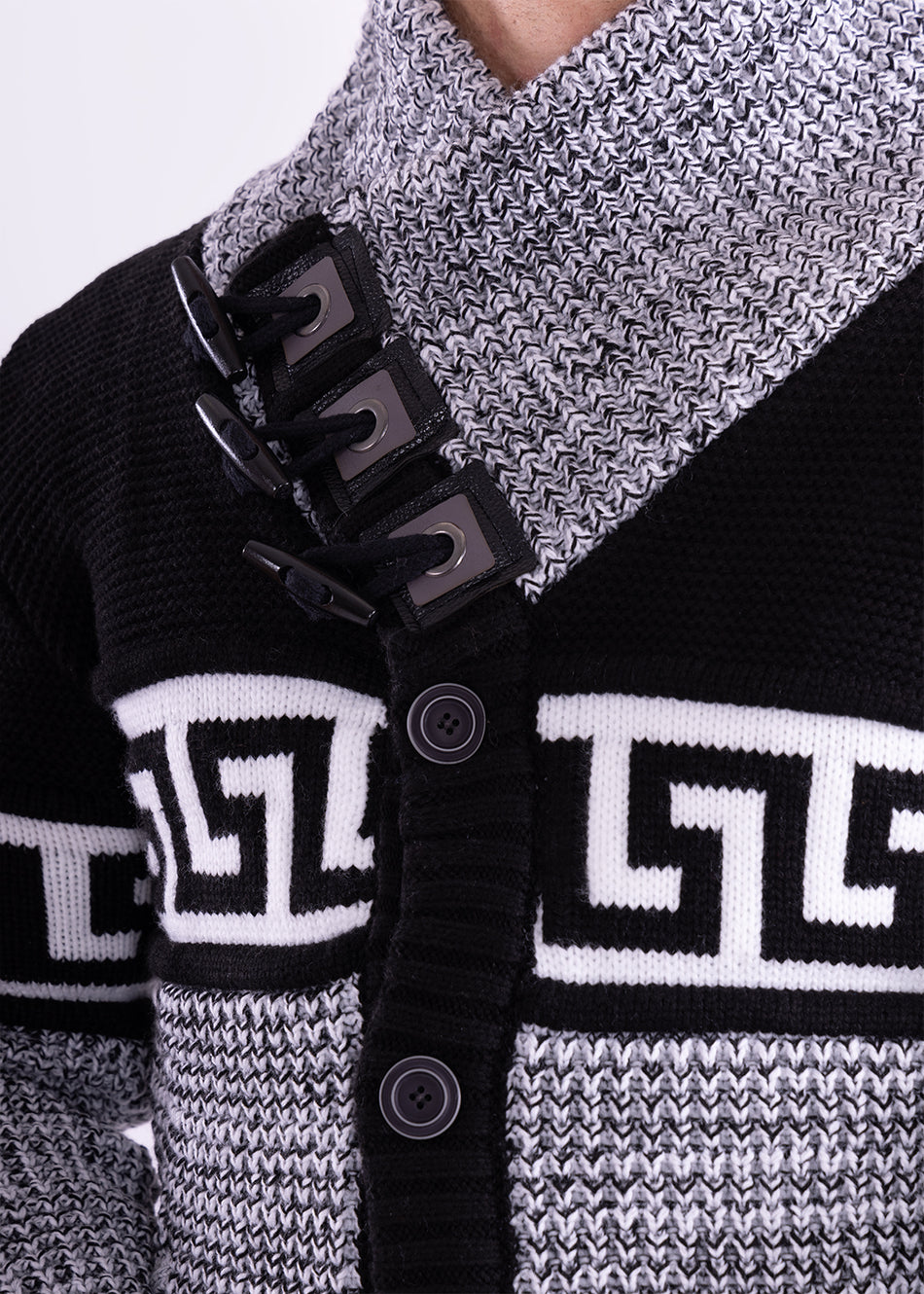 Greek Key Contrast Button Up Sweater Black