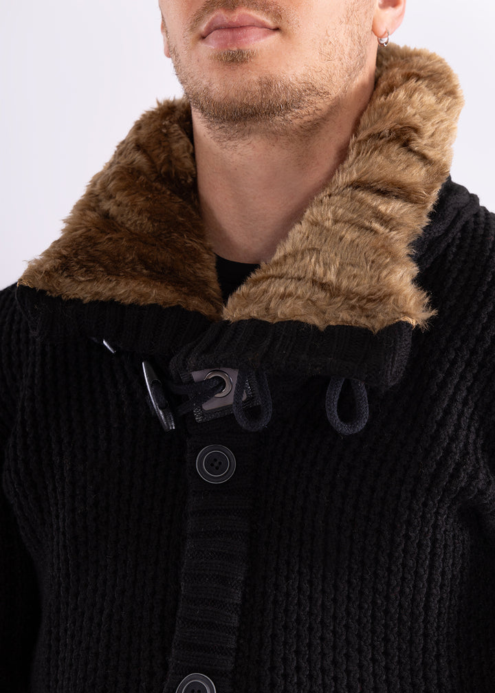 Fur-Lined Collar Button Up Sweater Black