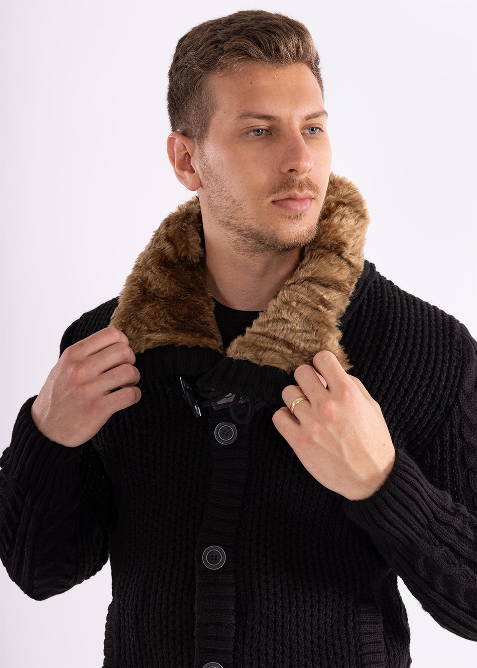 Fur-Lined Collar Button Up Sweater Black