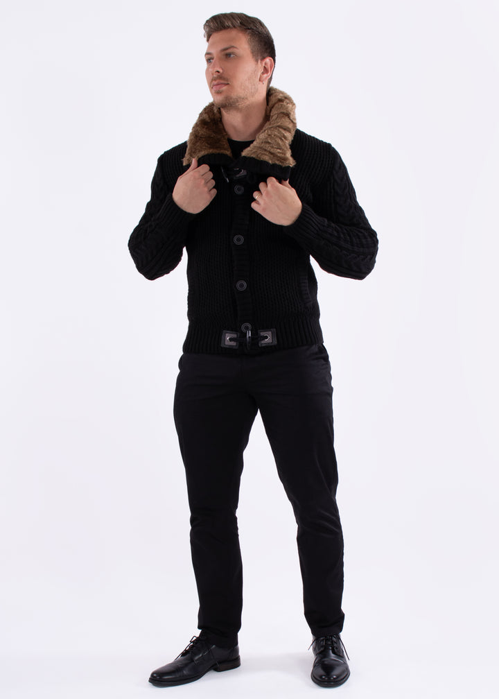 Fur-Lined Collar Button Up Sweater Black