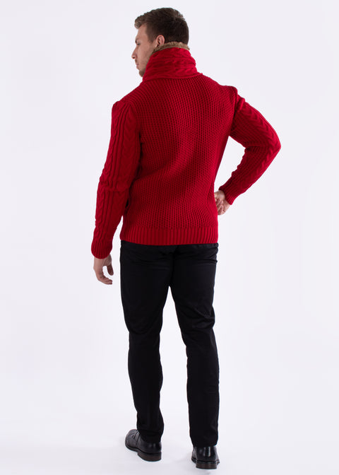 Fur-Lined Collar Button Up Sweater Red