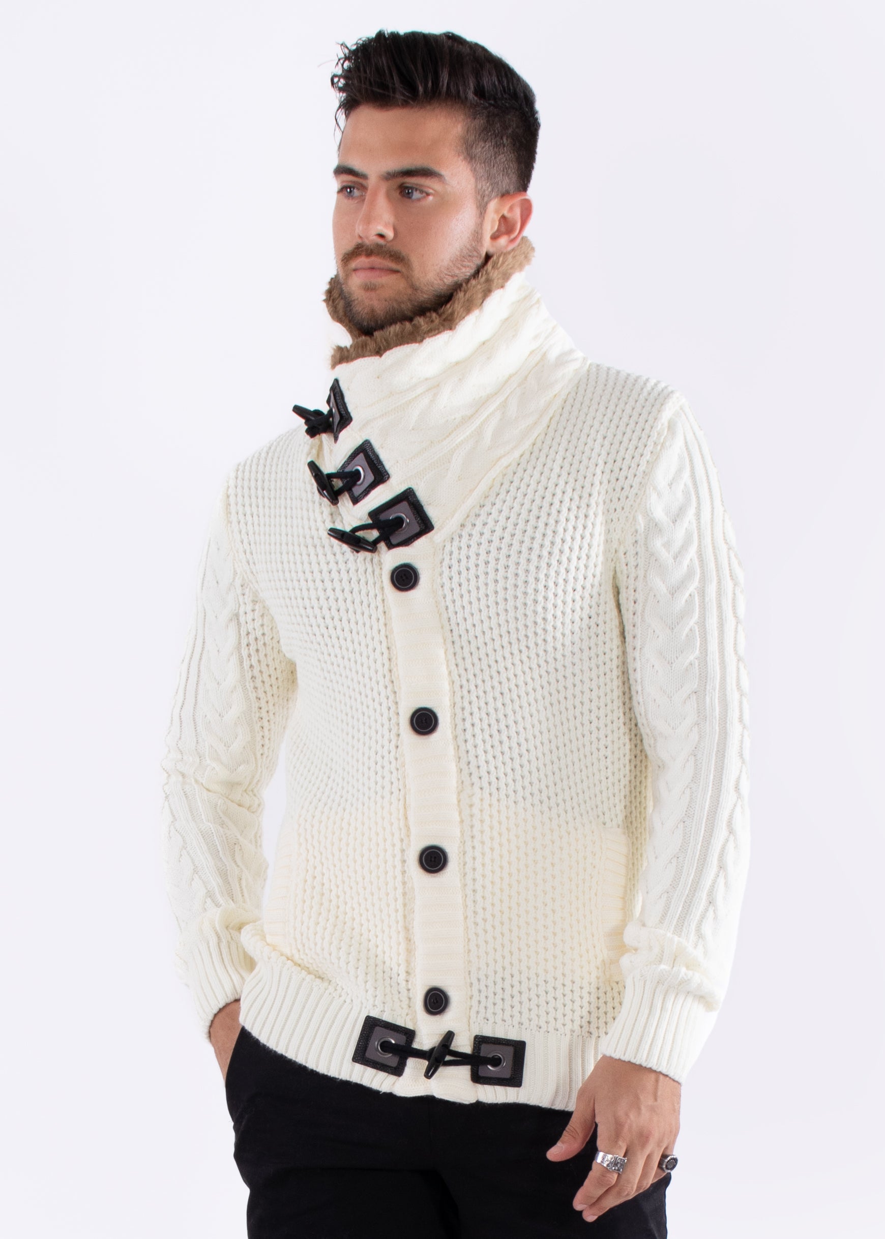 Fur Lined Collar Button Up Sweater White BESPOKE MODA