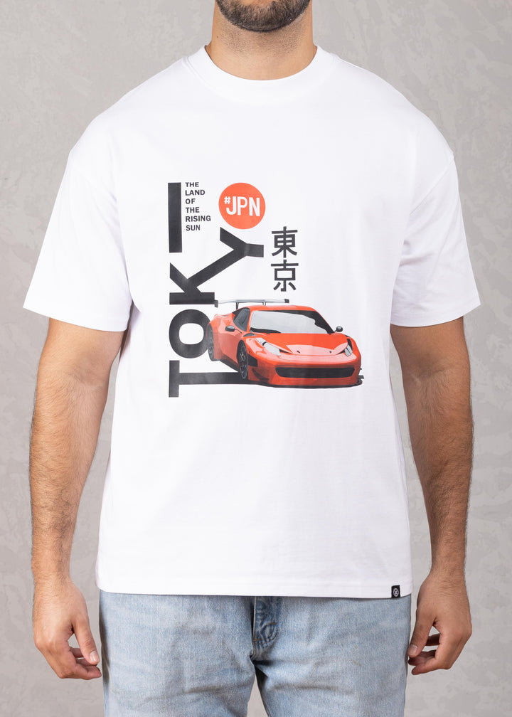Tokyo Red Car Oversized White T-Shirt