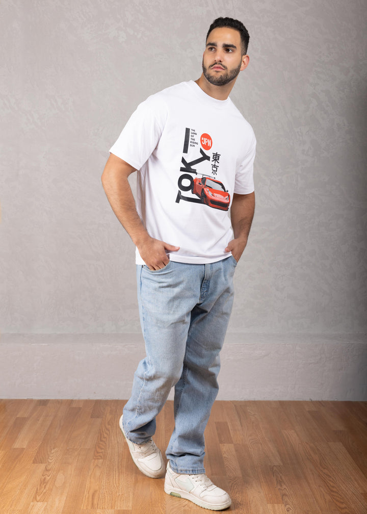 Tokyo Red Car Oversized White T-Shirt