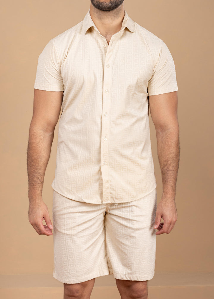 Textured Jacquard Greek Pattern Shirt & Shorts Set