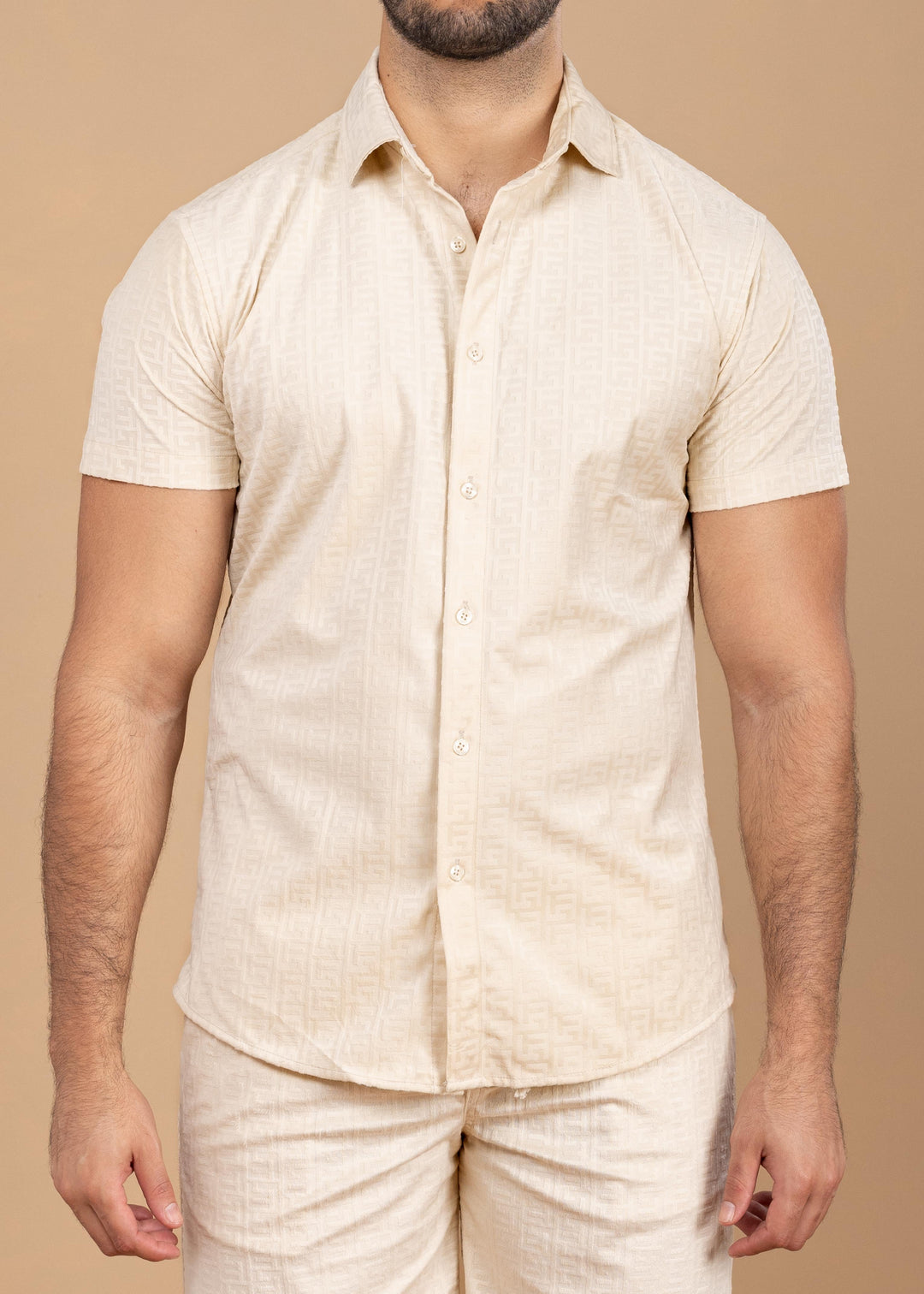 Textured Jacquard Greek Pattern Short Sleeve Shirt