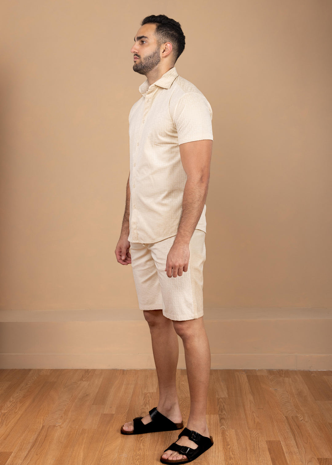 Textured Jacquard Greek Pattern Shirt & Shorts Set