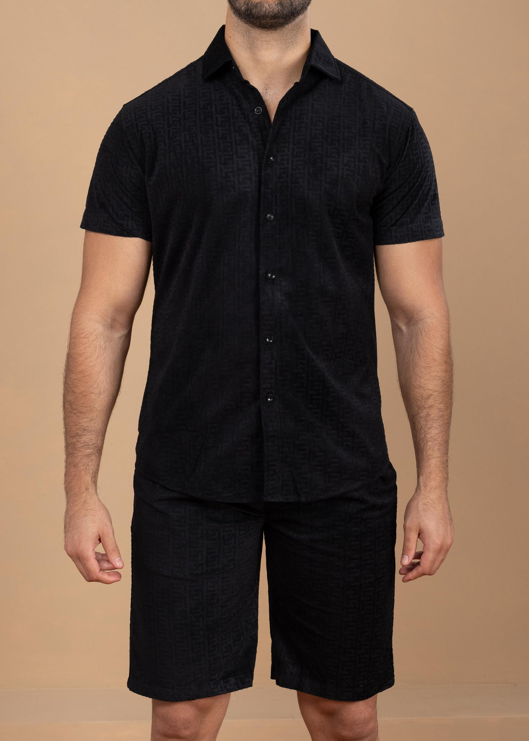 Textured Jacquard Greek Pattern Shirt & Shorts Set