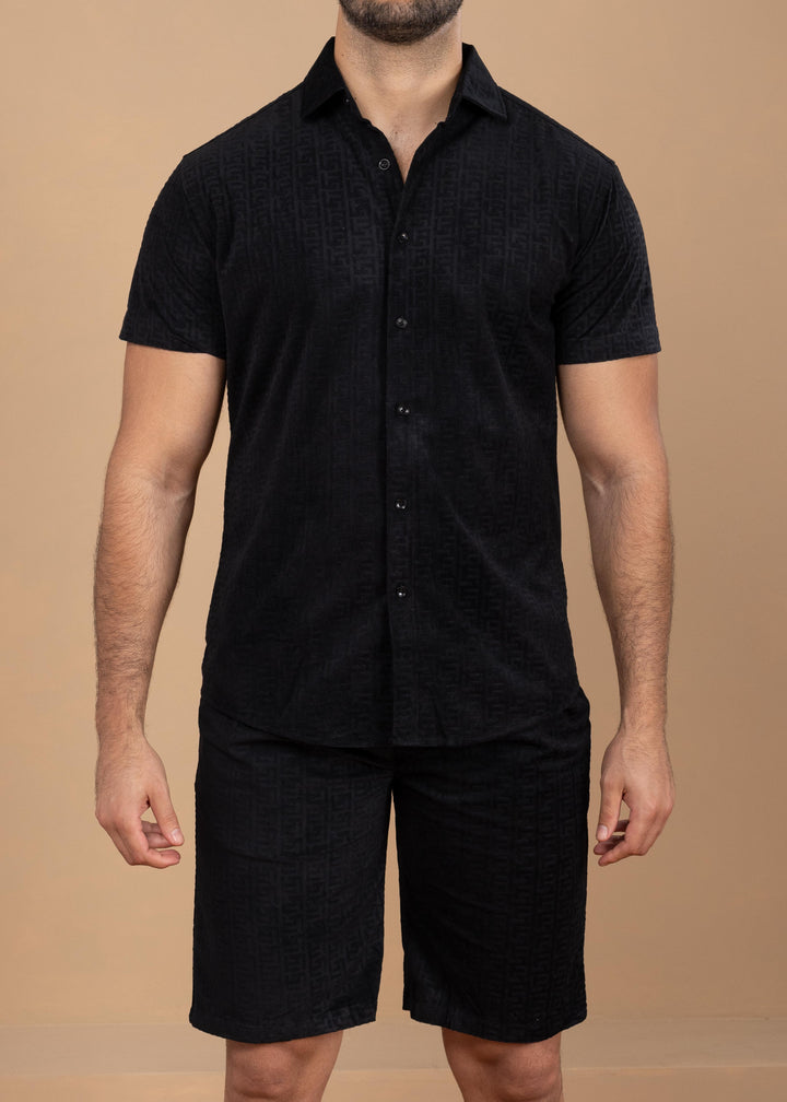 Textured Jacquard Greek Pattern Shirt & Shorts Set