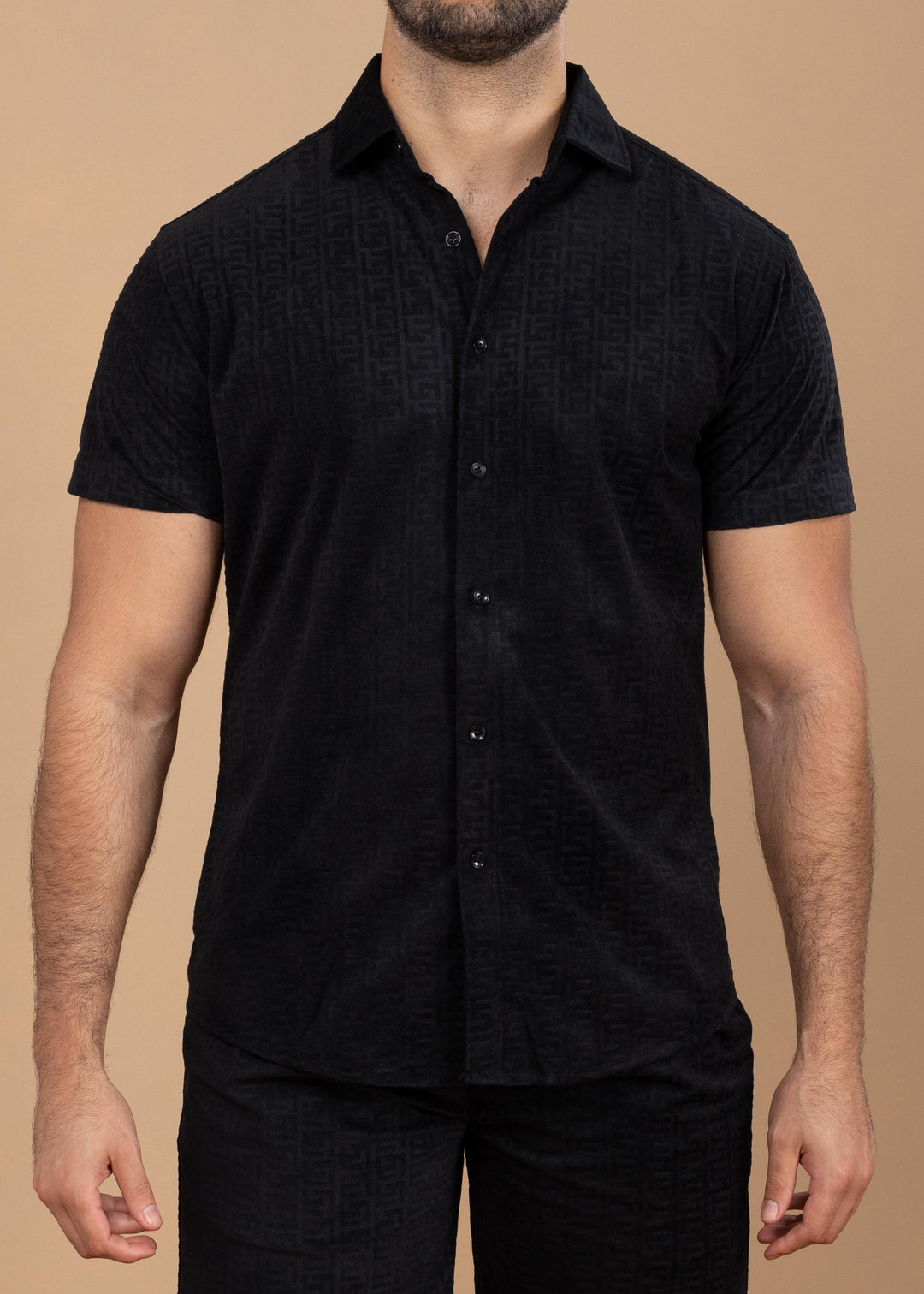 Textured Jacquard Greek Pattern Short Sleeve Shirt