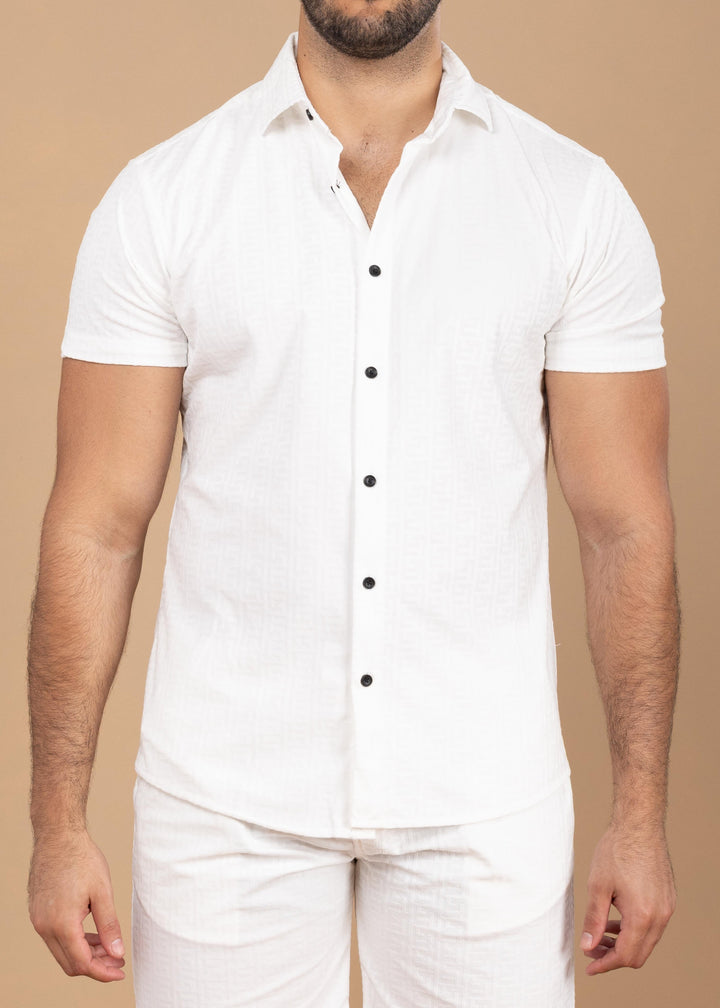 Textured Jacquard Greek Pattern Short Sleeve Shirt
