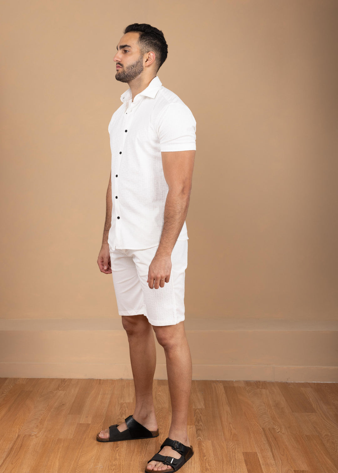 Textured Jacquard Greek Pattern Short Sleeve Shirt