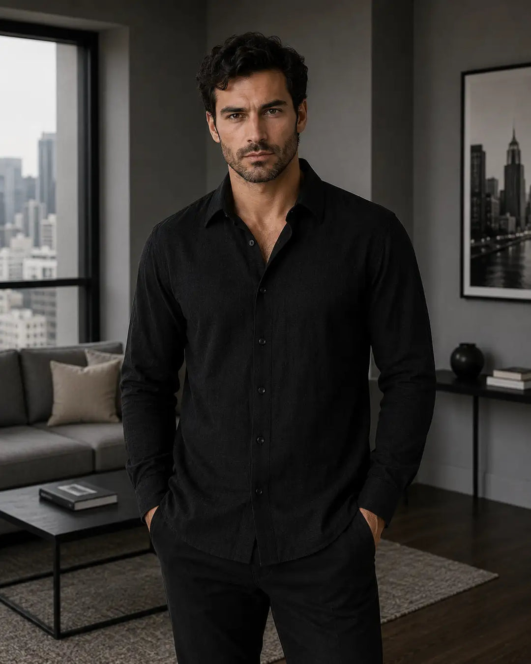 Crinkle Cotton Button Up Long Sleeve Dress Shirt