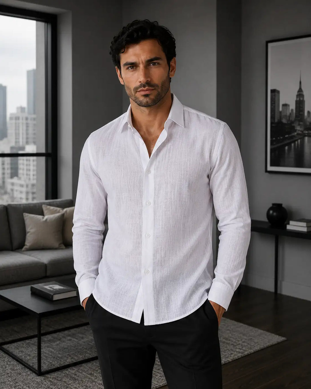 Crinkle Cotton Button Up Long Sleeve Dress Shirt