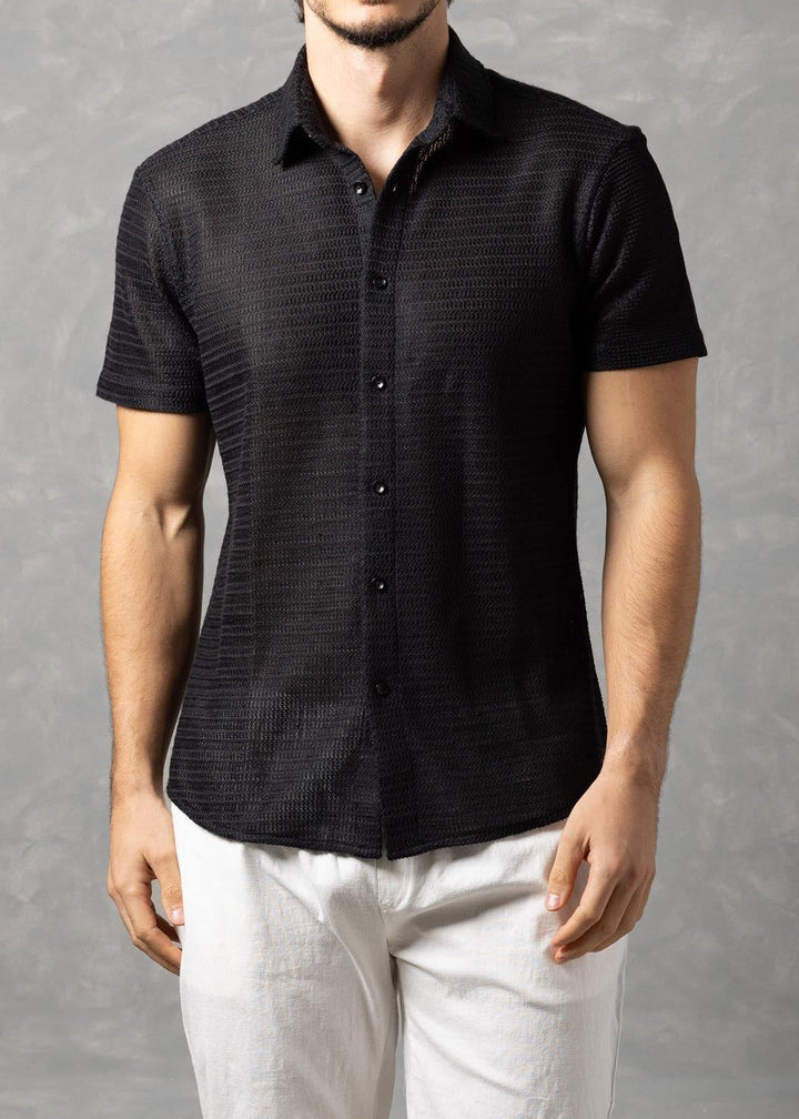 Riviera - Open Knit Button-Up Short Sleeve Shirt