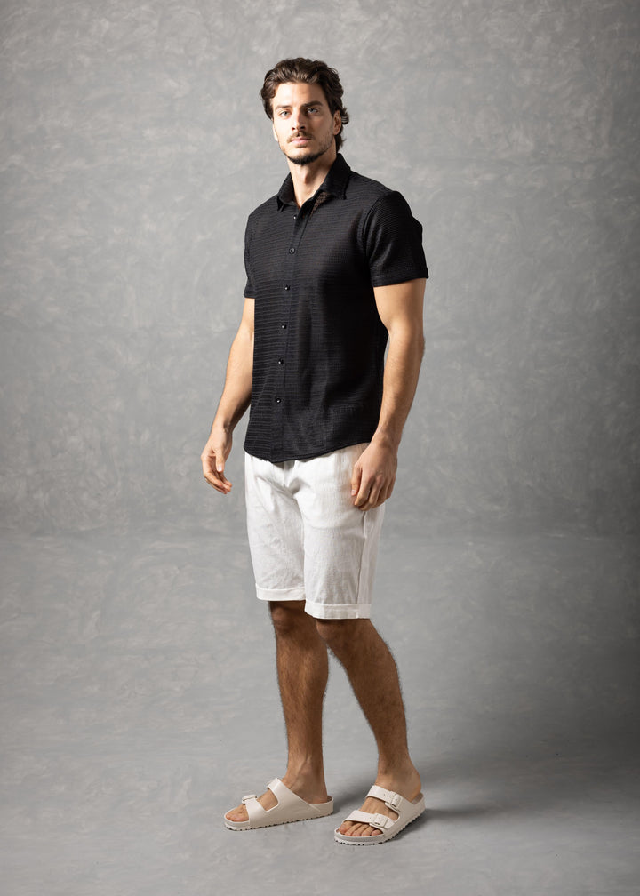 Riviera - Open Knit Button-Up Short Sleeve Shirt