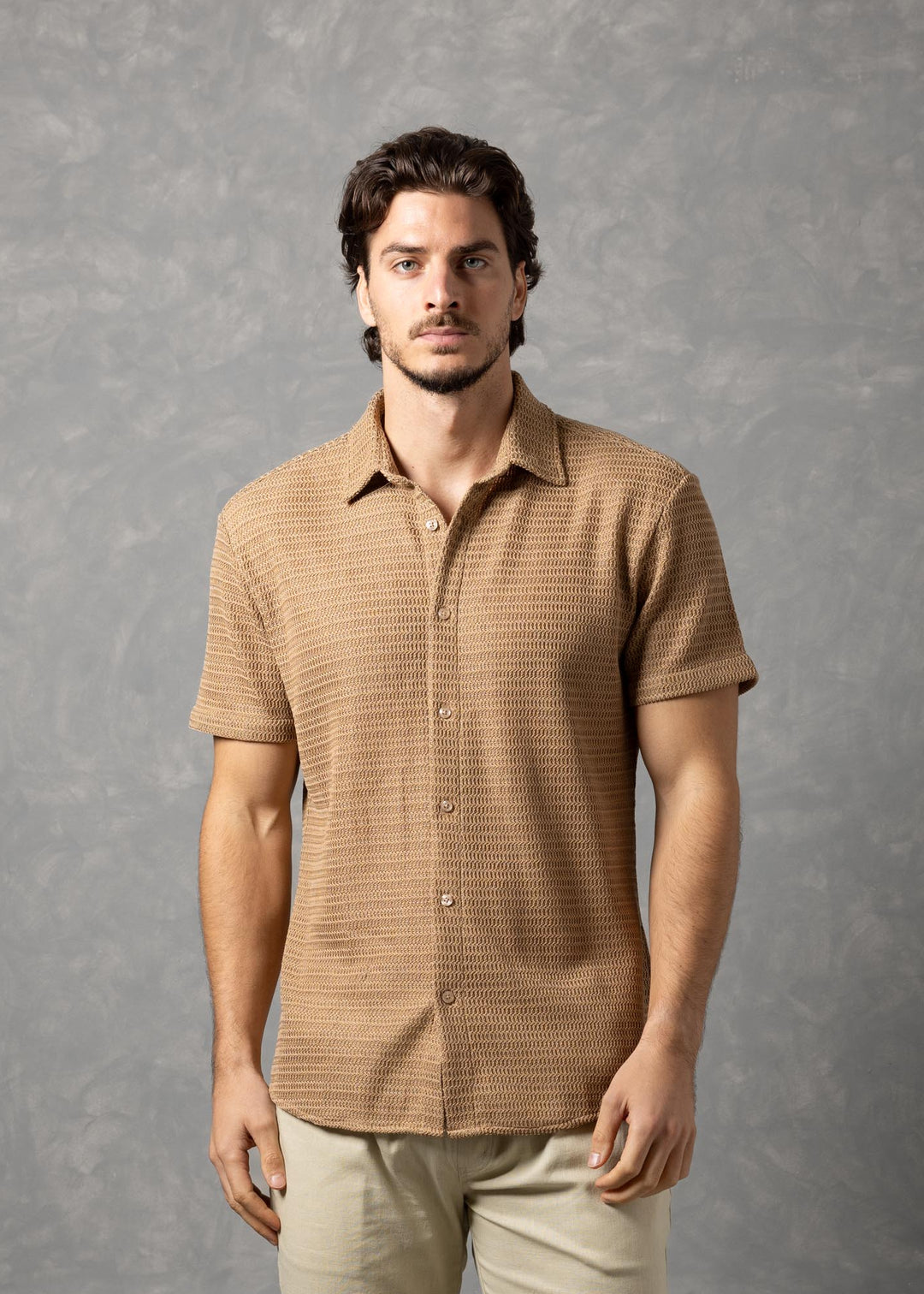 Riviera - Open Knit Button-Up Short Sleeve Shirt