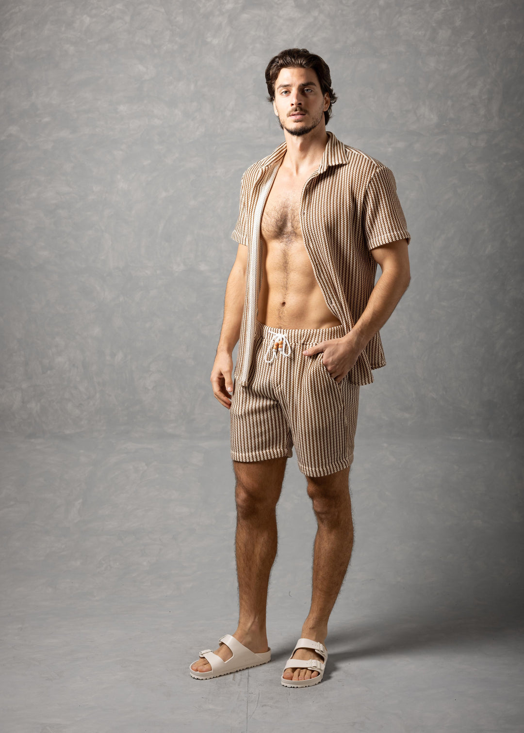 Tuscany Ribbed Knit Button-Up Short Sleeve Shirt