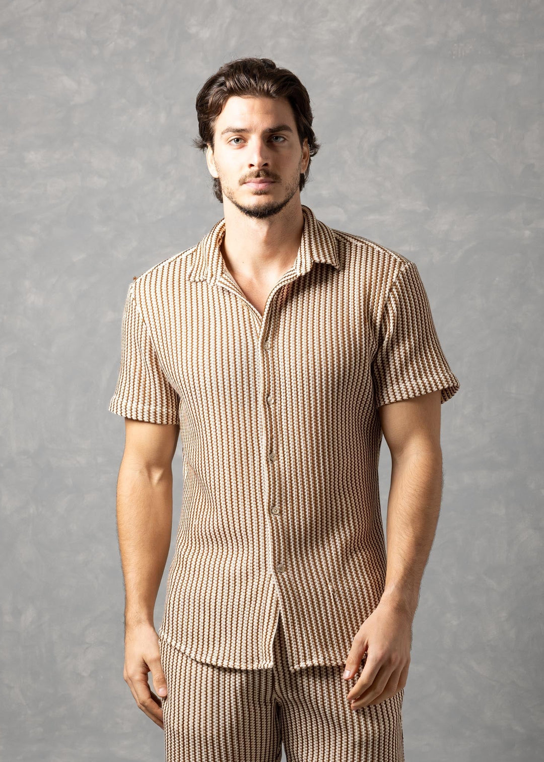 Tuscany Ribbed Knit Button-Up Short Sleeve Shirt