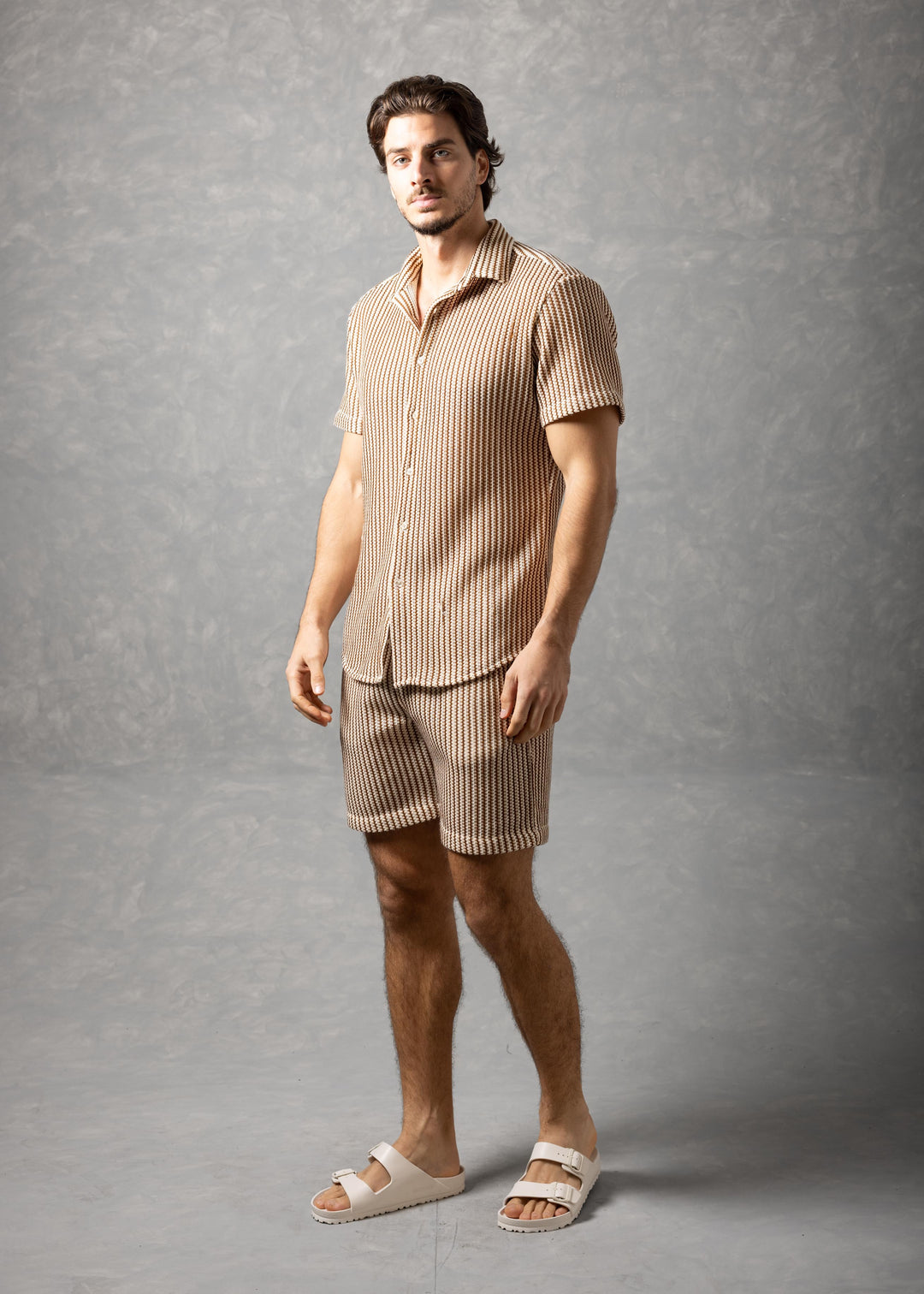 Tuscany Ribbed Knit Button-Up Short Sleeve Shirt