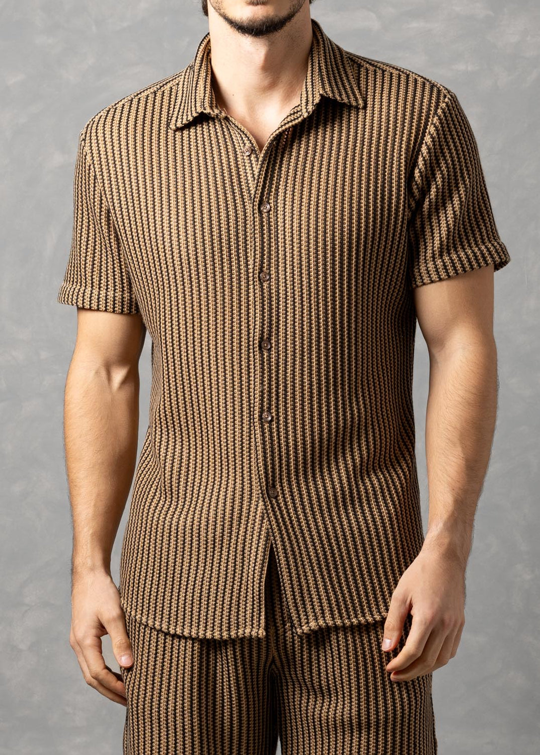 Tuscany Ribbed Knit Button-Up Short Sleeve Shirt