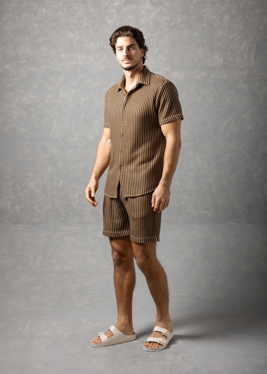 Tuscany Ribbed Knit Button-Up Short Sleeve Shirt