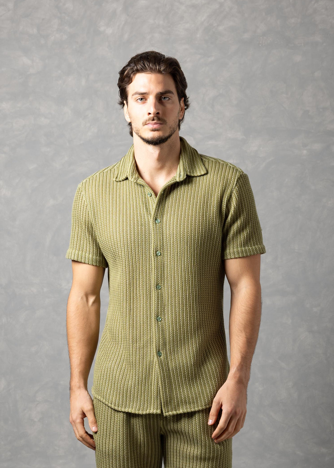 Tuscany Ribbed Knit Button-Up Short Sleeve Shirt