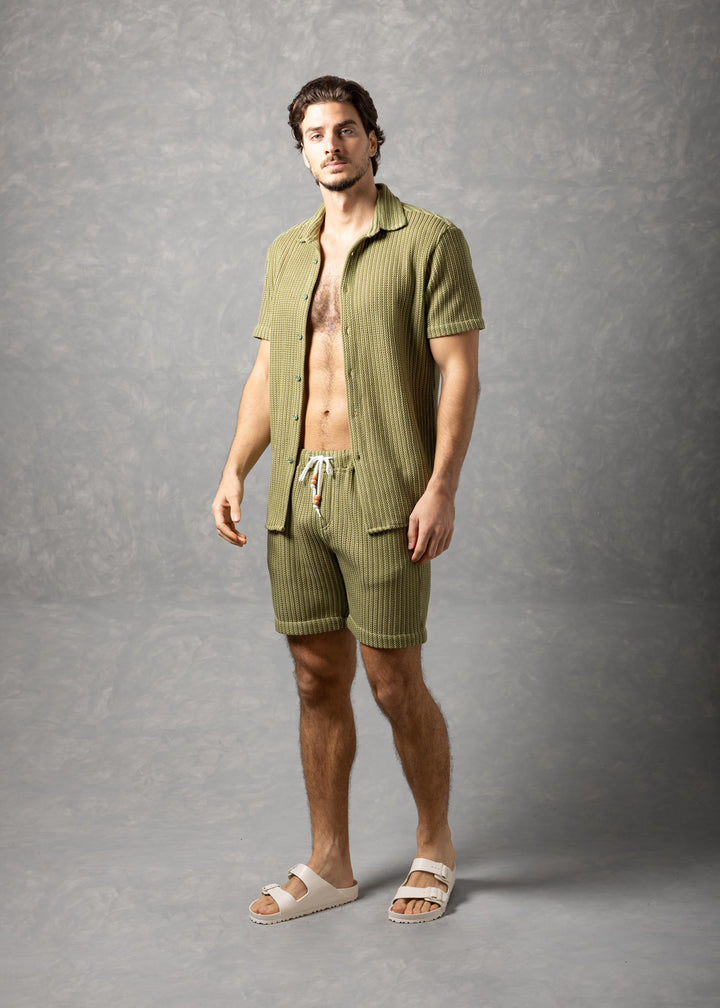 Tuscany Ribbed Knit Button-Up Short Sleeve Shirt