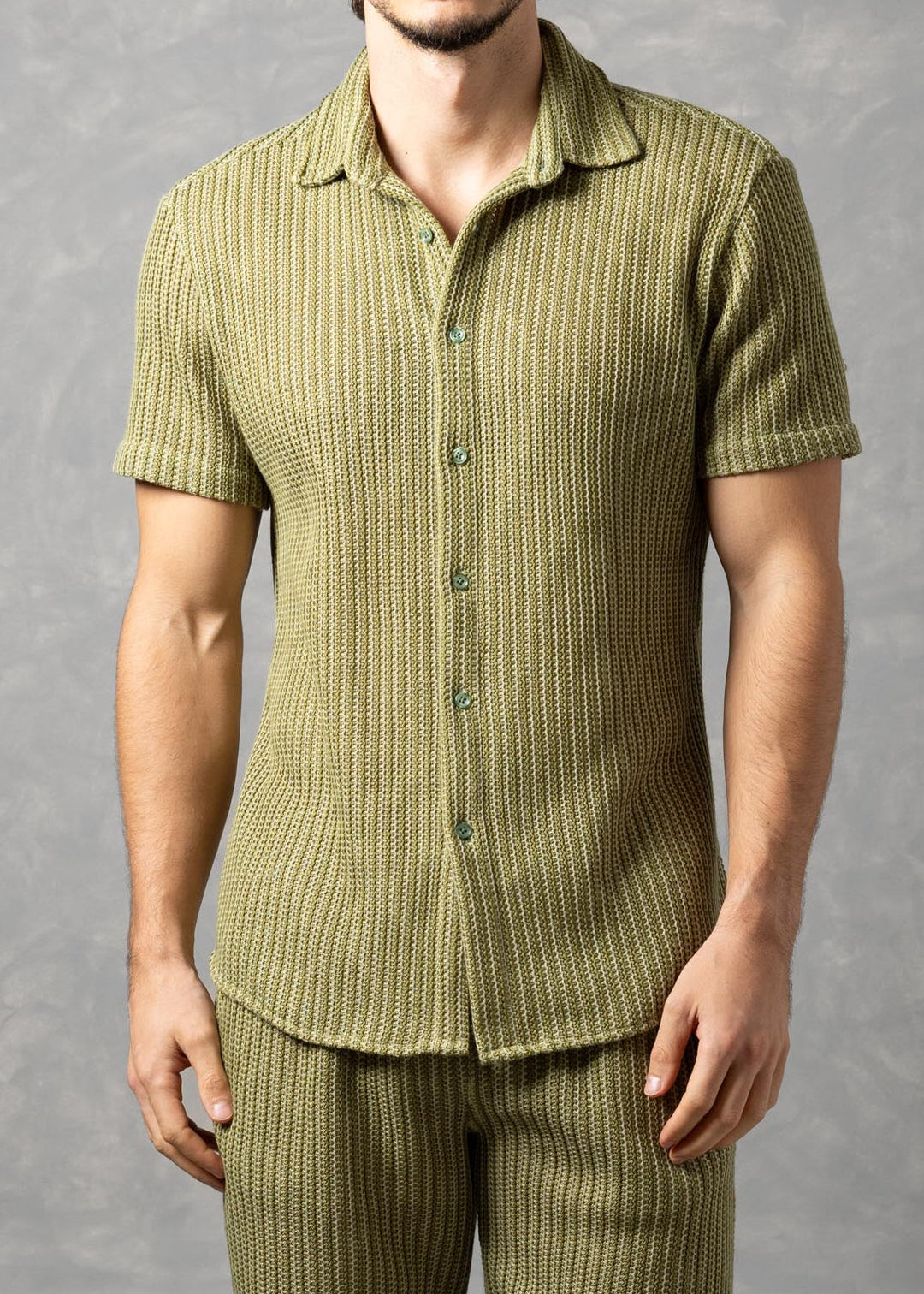 Tuscany Ribbed Knit Button-Up Short Sleeve Shirt