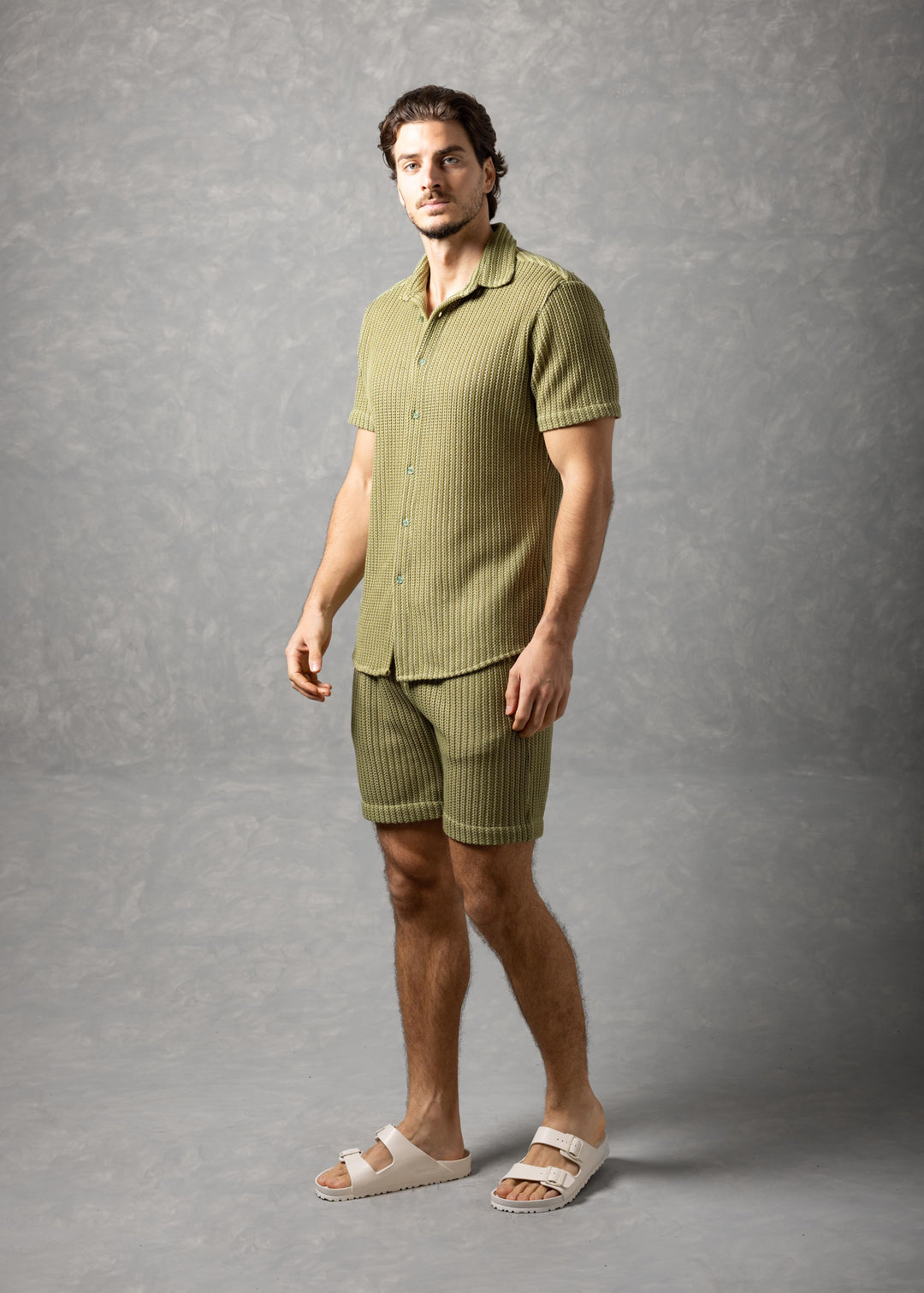 Tuscany Ribbed Knit Button-Up Short Sleeve Shirt
