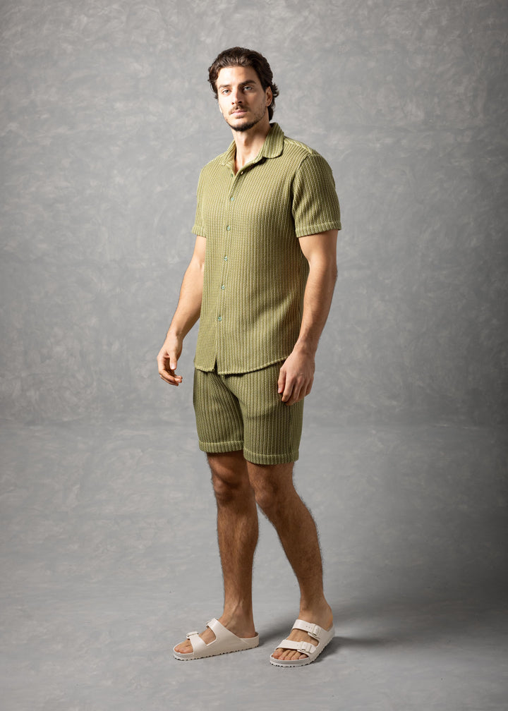 Tuscany Ribbed Knit Button-Up Short Sleeve Shirt