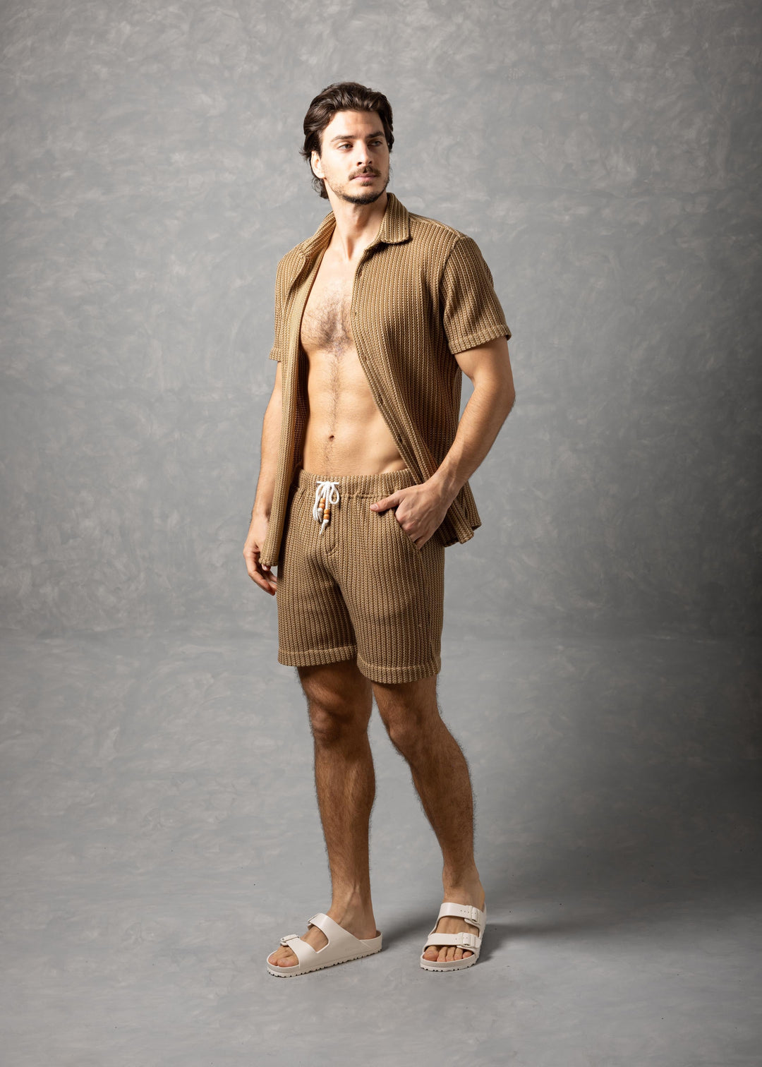 Tuscany Ribbed Knit Button-Up Short Sleeve Shirt