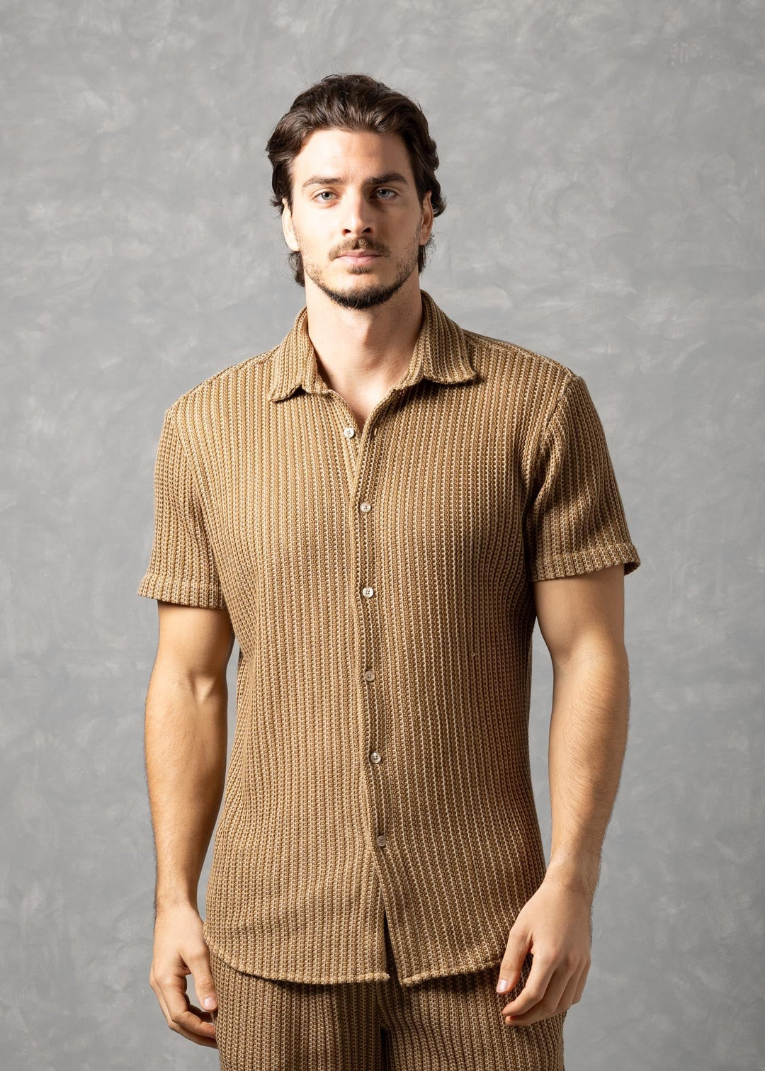 Tuscany Ribbed Knit Button-Up Short Sleeve Shirt