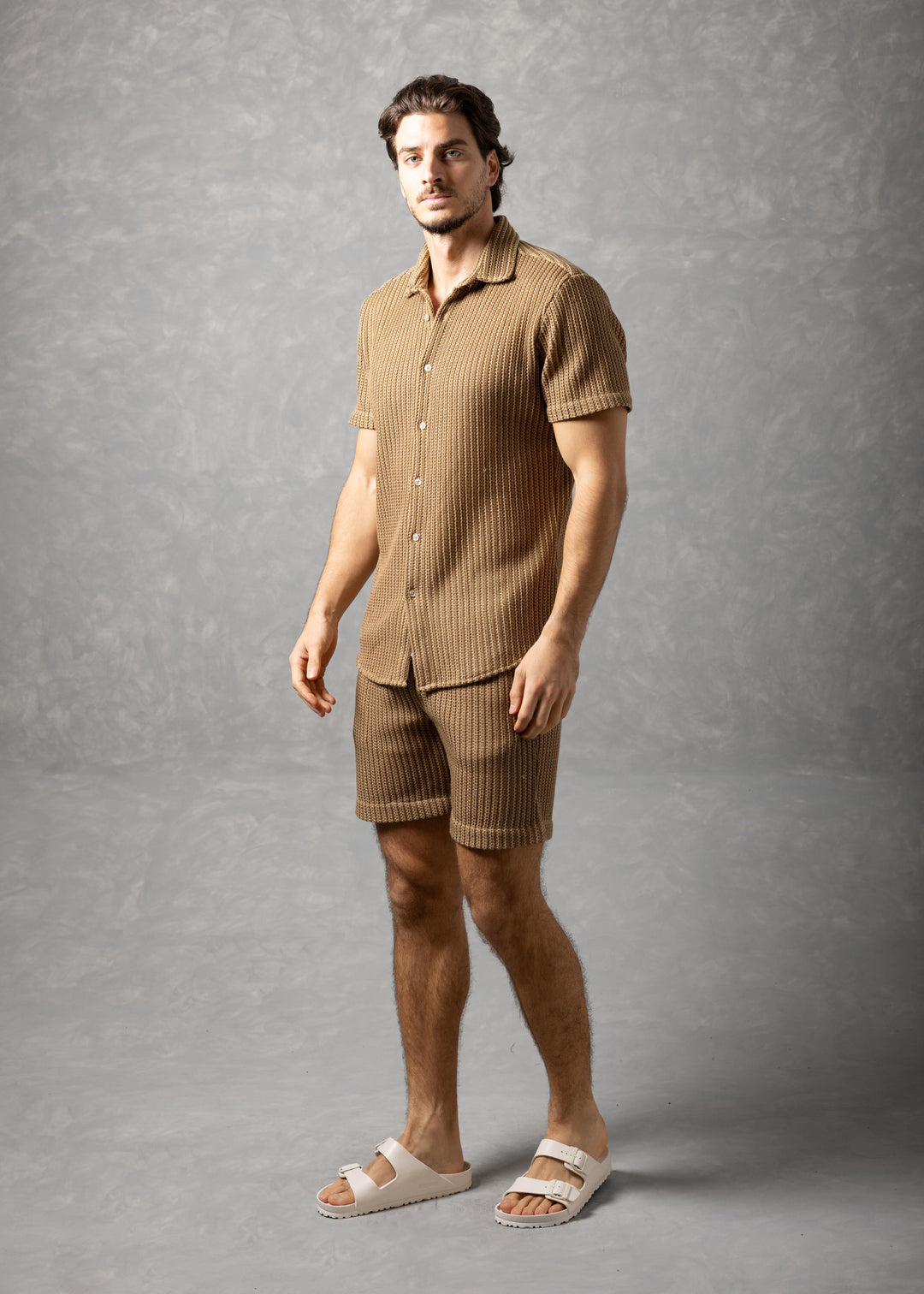 Tuscany Ribbed Knit Button-Up Short Sleeve Shirt