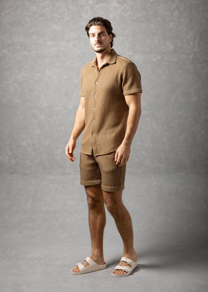 Tuscany Ribbed Knit Button-Up Short Sleeve Shirt