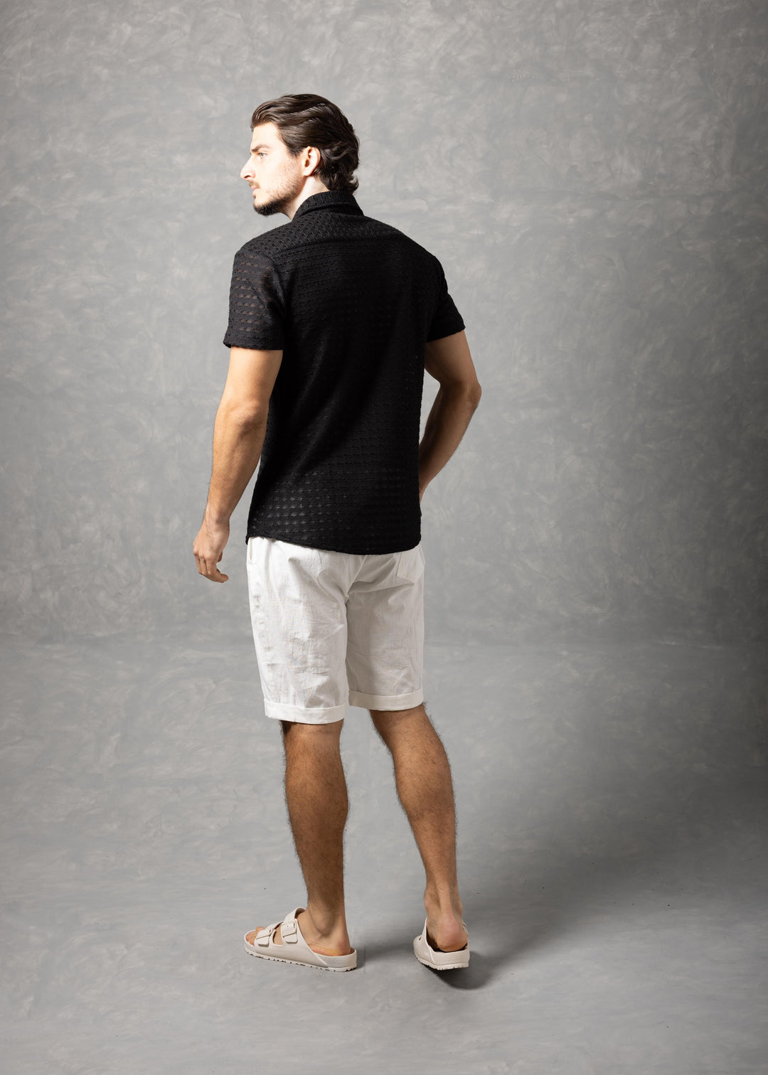 Open-Knit Diamond Button-Up Short Sleeve Shirt