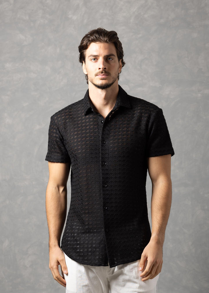 Open-Knit Diamond Button-Up Short Sleeve Shirt